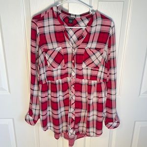 Torrid Red, White & Black, Plaid Tunic Blouse, Button Up, Empire Waist, size 0x